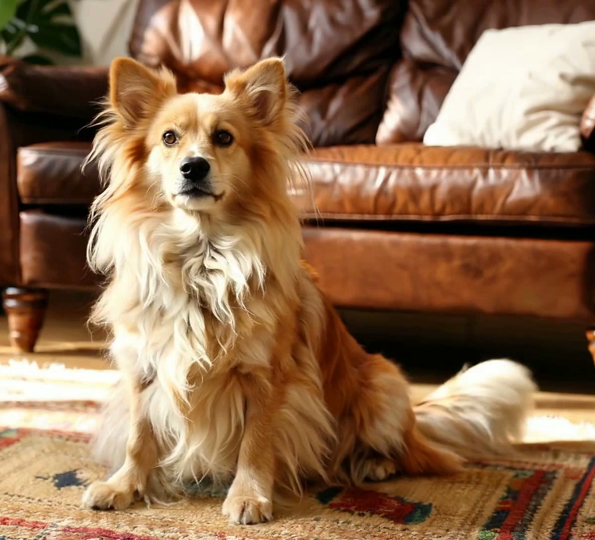 Original frame: a long-haired dog sitting on a patterned rug